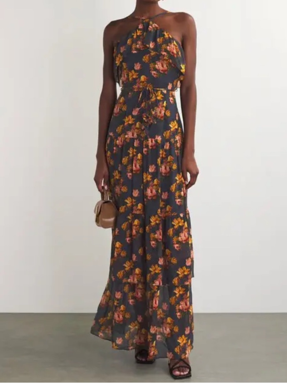 Paige x Anthropologie Calypso Silk Crepe Floral Halter Maxi Dress in Navy